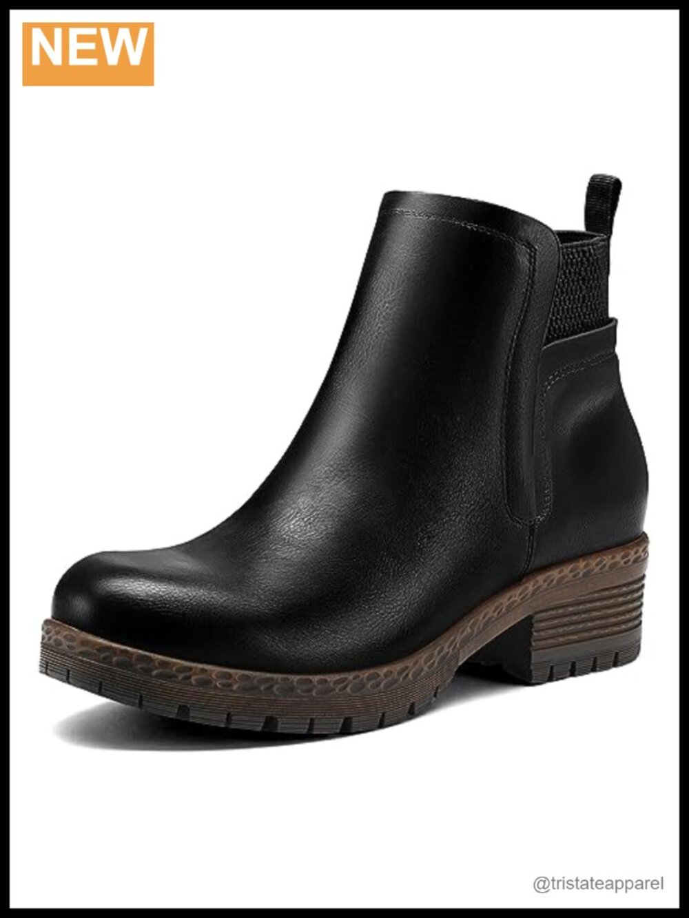 Elastic Gore Lug Sole Chelsea Ankle Boots Block Heel Round Toe PU